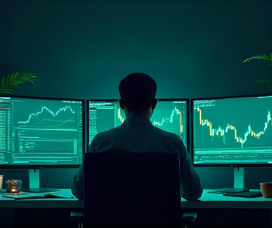 ภาพประกอบเทรดเดอร์นั่งหน้าจอหลายจอ แสดงกราฟ Backtest Forward Test และสมุด Playbook บนพื้นหลังสีดำเขียวสว่าง